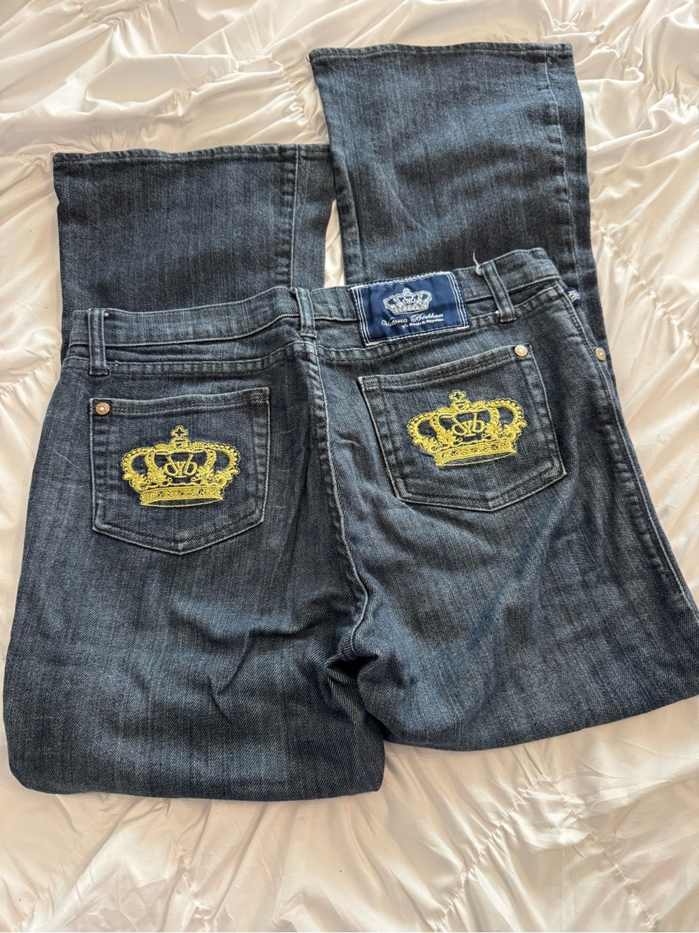 Victoria Beckham Rock & Republic Dark Blue Jeans with Gold Crown Embroidery - Picture 2 of 7